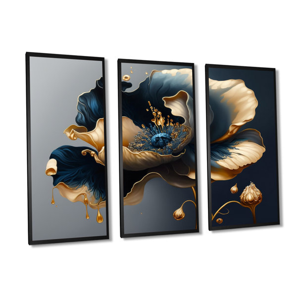 House of Hampton® Deep Blue And Gold Single Flower II On Canvas 3